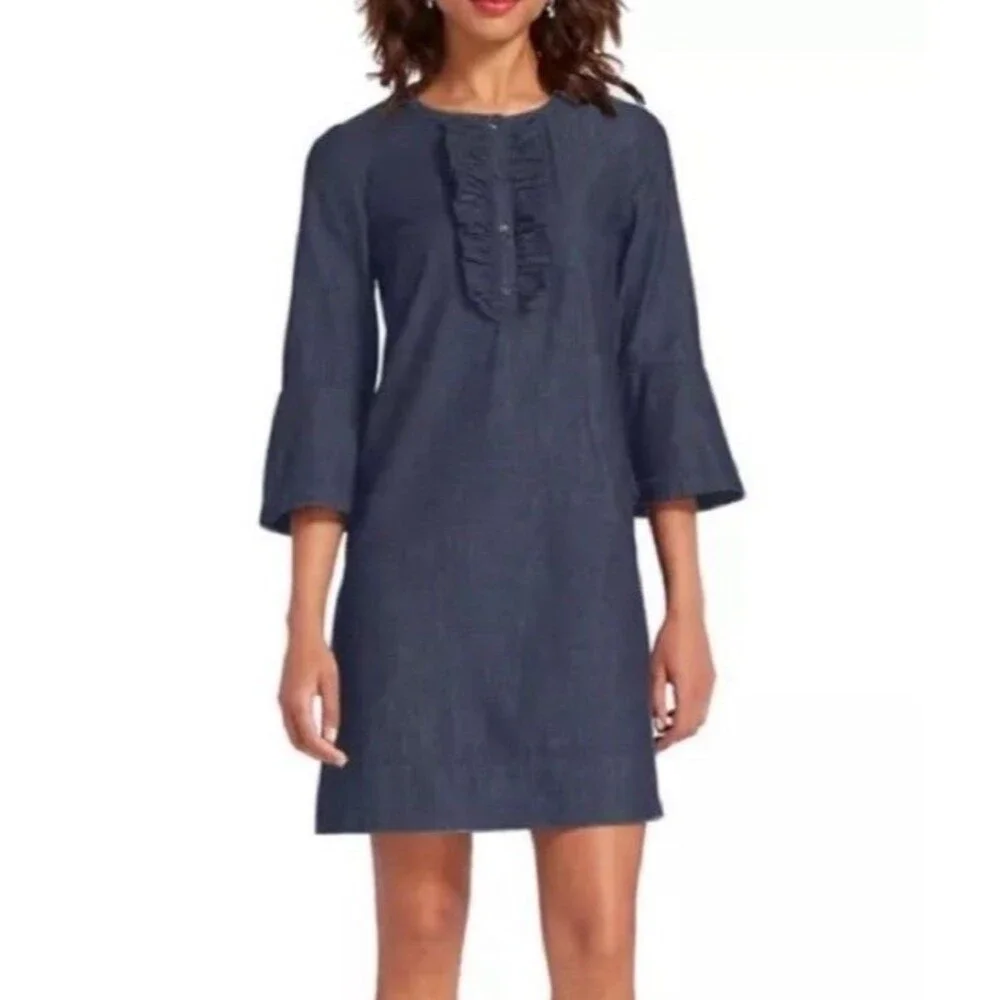 Draper James Denim Blue Chambray Ruffle Shift Dress Sz 8 Western Preppy Church - Picture 2 of 16